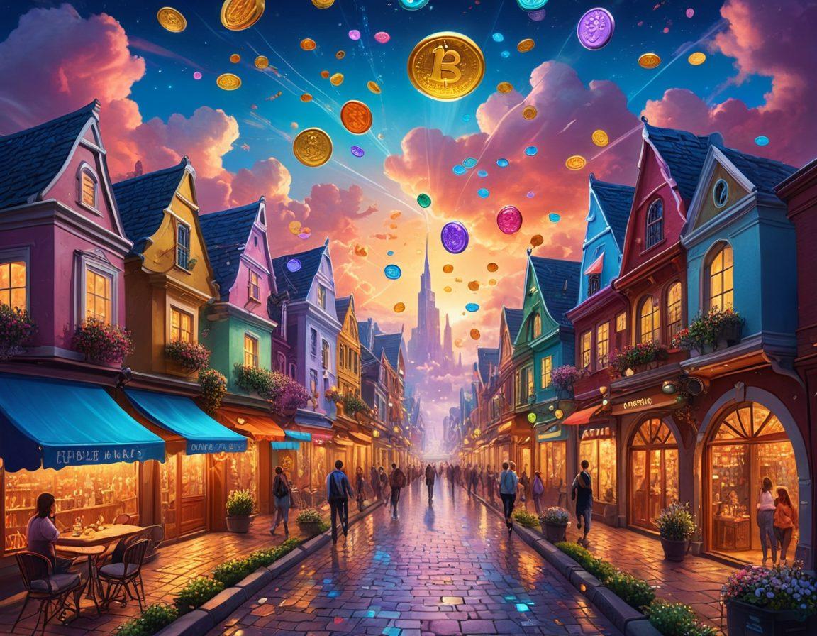A whimsical landscape featuring a fantastical city where digital currency tokens float above cheerful characters exchanging them for vibrant rewards, representing the joy of decentralized finance. Include elements like a colorful blockchain pathway, smiling faces, and sparkling coins. The sky filled with bright, playful clouds exceeding the bounds of reality, symbolizing limitless possibilities. super-realistic. vibrant colors. fantasy art.