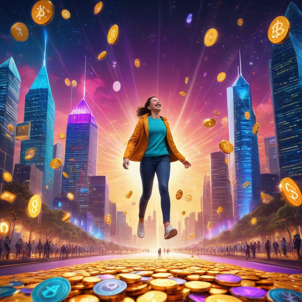 A whimsical illustration of a joyful character surrounded by floating cryptocurrencies and digital financial symbols, with colorful, radiant beams of light representing growth and prosperity. In the background, a vibrant, futuristic cityscape symbolizes innovation and opportunity in the digital finance realm. The character is smiling, holding a key labeled 'Joy' amidst a sea of coins and charts. super-realistic. vibrant colors. 3D.