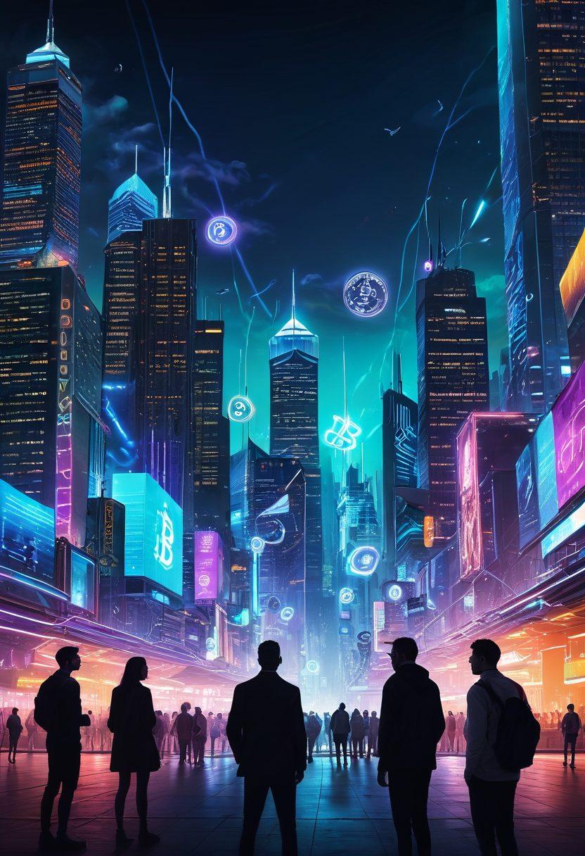 A dynamic cityscape bustling with digital currency symbols, such as Bitcoin and Ethereum, floating in the air, with vibrant holographic displays showcasing financial innovation. In the foreground, a diverse group of enthusiastic people, both young and old, are engaging with digital devices, with expressions of excitement and curiosity. The skyline transitions from day to night, enhanced by bright neon lights and futuristic architecture. futuristic, cyberpunk, vibrant colors, 3D.
